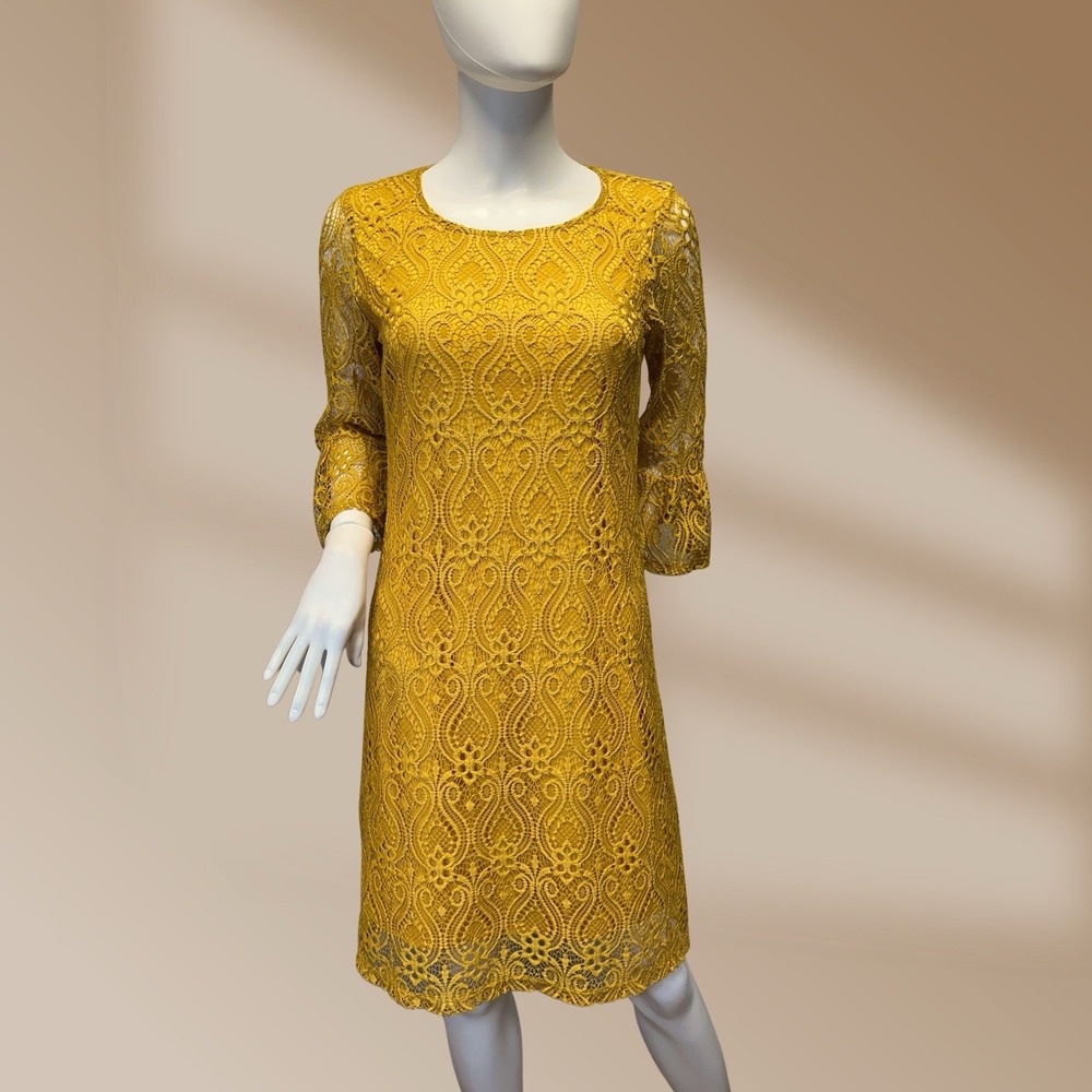 Tacera Ladies Mustard Yellow Lace Dress Bell Sleeves Size Small